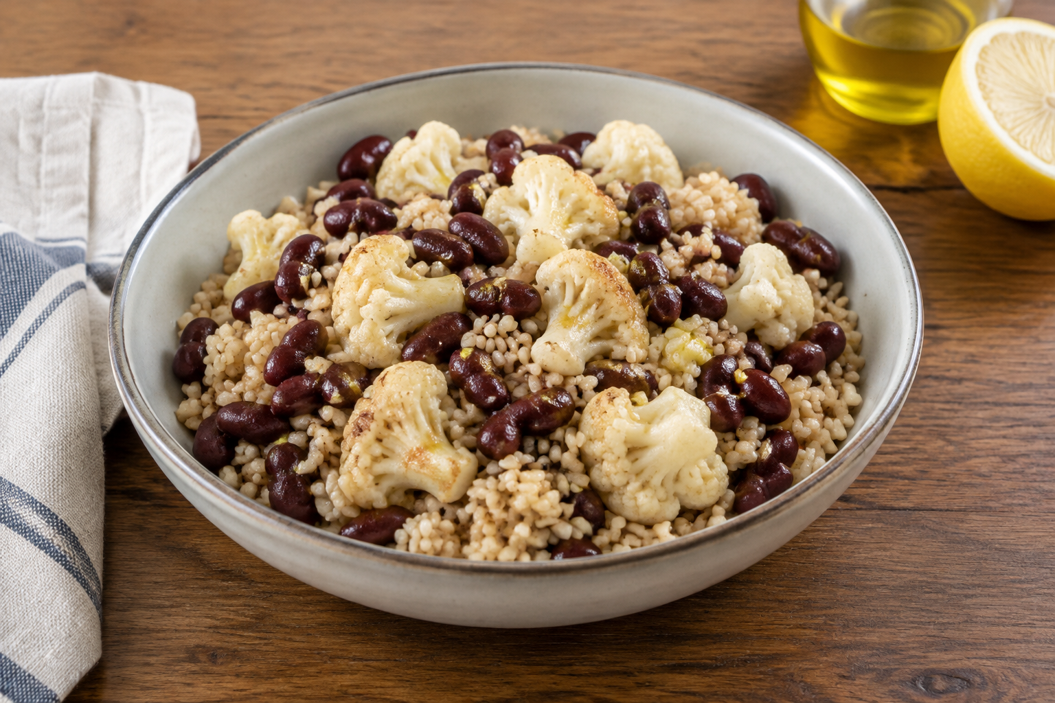 Quinoa quente com feijão vermelho cozido e couve-flor · arroz integral