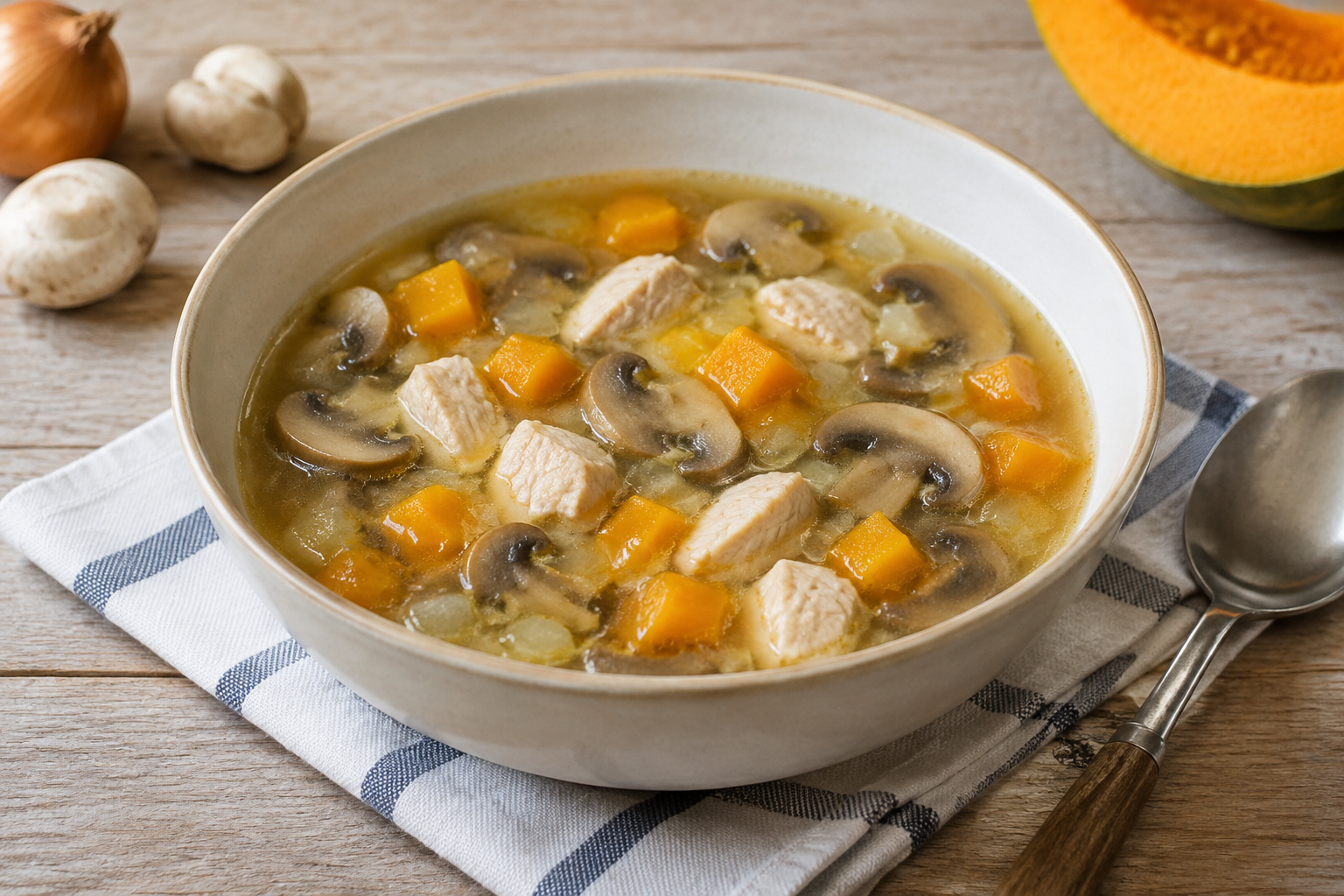 Sopa caseira com peito de frango e cogumelos com abóbora em cubos