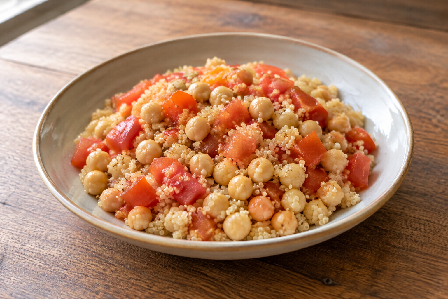 Arroz integral com grão-de-bico cozido e tomate · quinoa