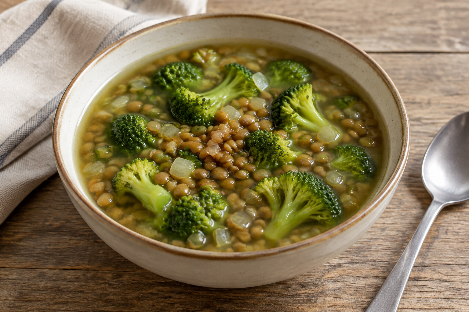 Sopa caseira com lentilha cozida e brócolis