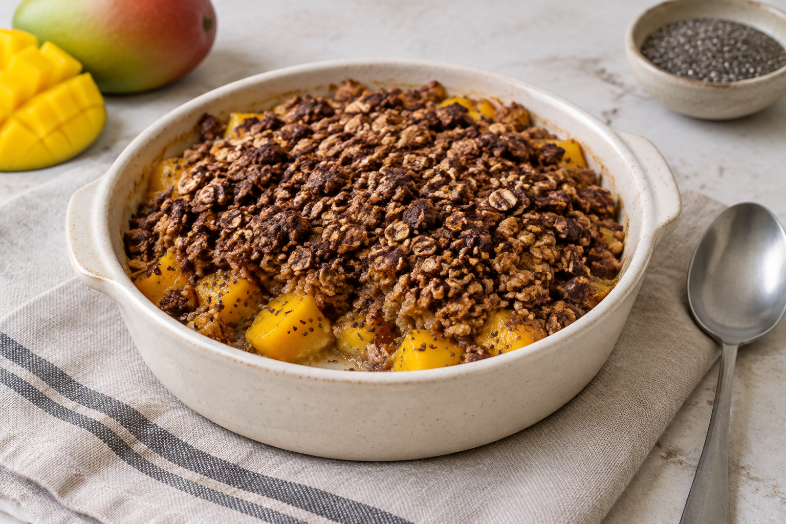 Crumble de aveia com manga e chia com cacau em pó sem açúcar