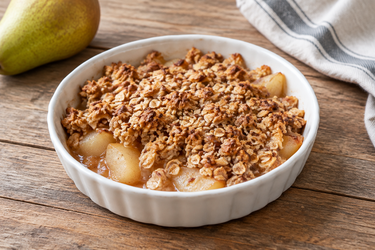 Crumble de aveia com pera e linhaça