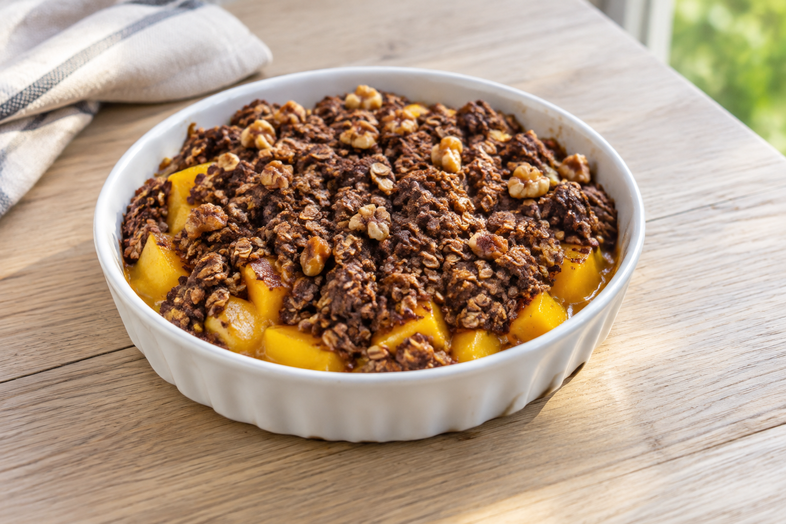 Crumble de aveia com manga e nozes com cacau em pó sem açúcar