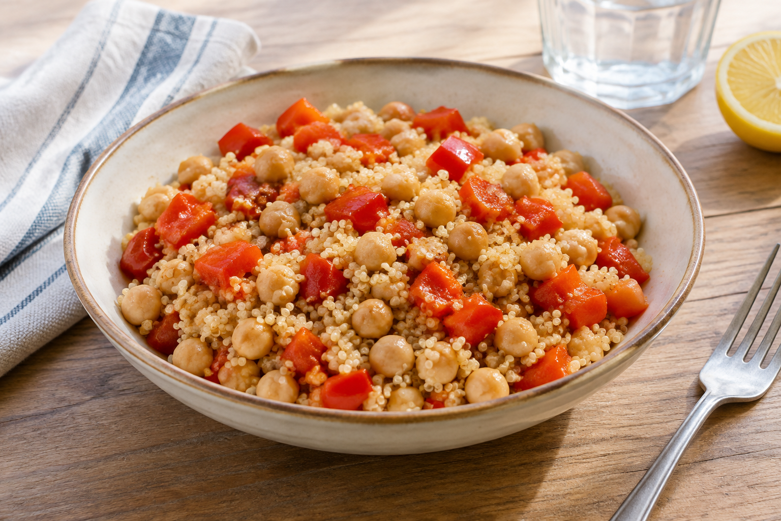 Quinoa quente com grão-de-bico cozido e pimentão vermelho