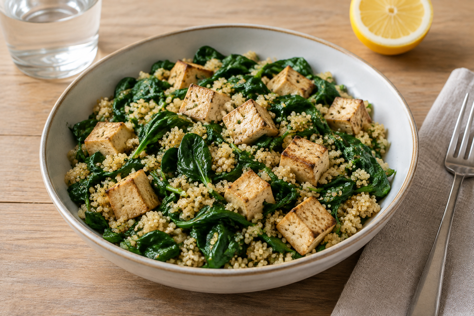 Quinoa quente com tofu firme e espinafre