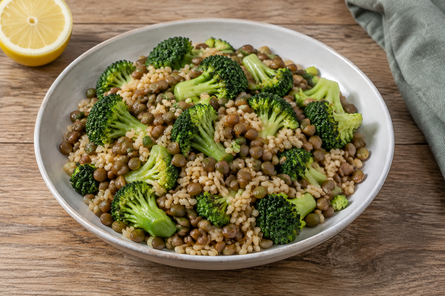 Arroz integral com lentilha cozida e brócolis