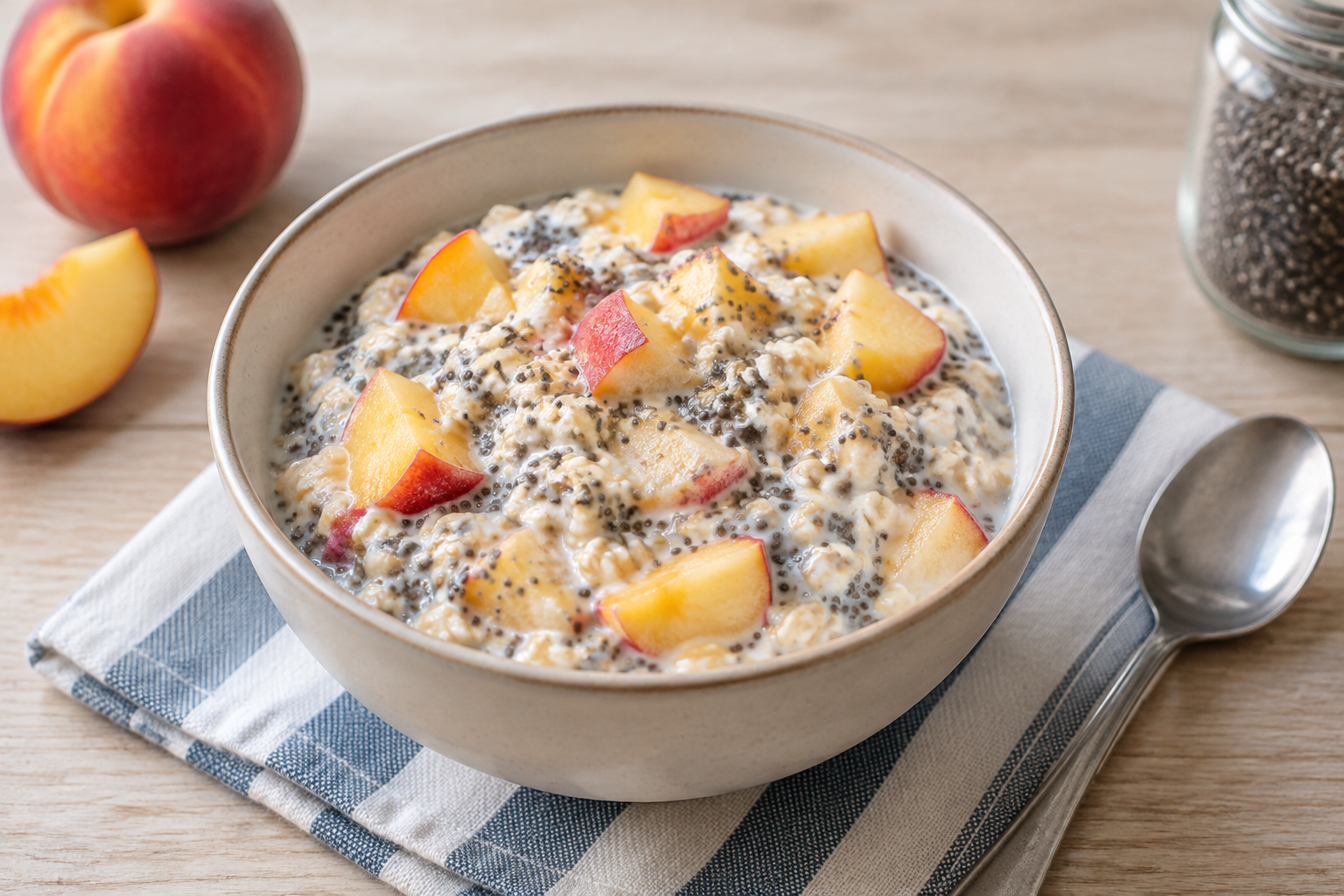 Aveia de geladeira com pêssego e chia · leite integral