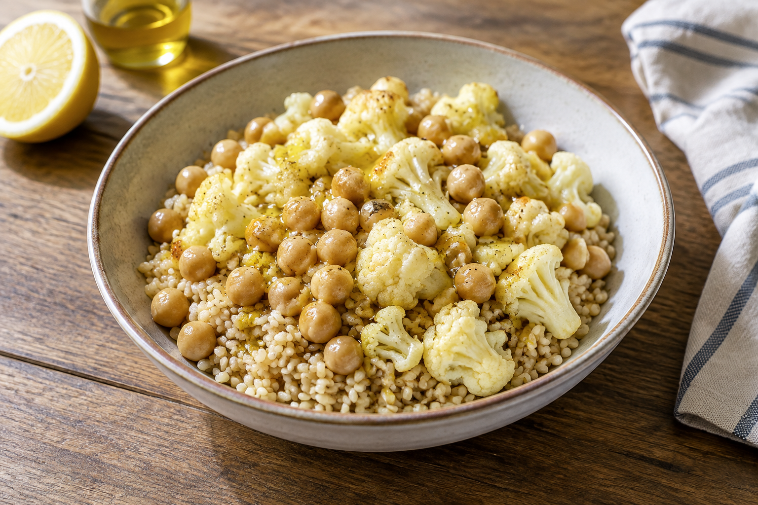 Quinoa quente com grão-de-bico cozido e couve-flor · arroz integral