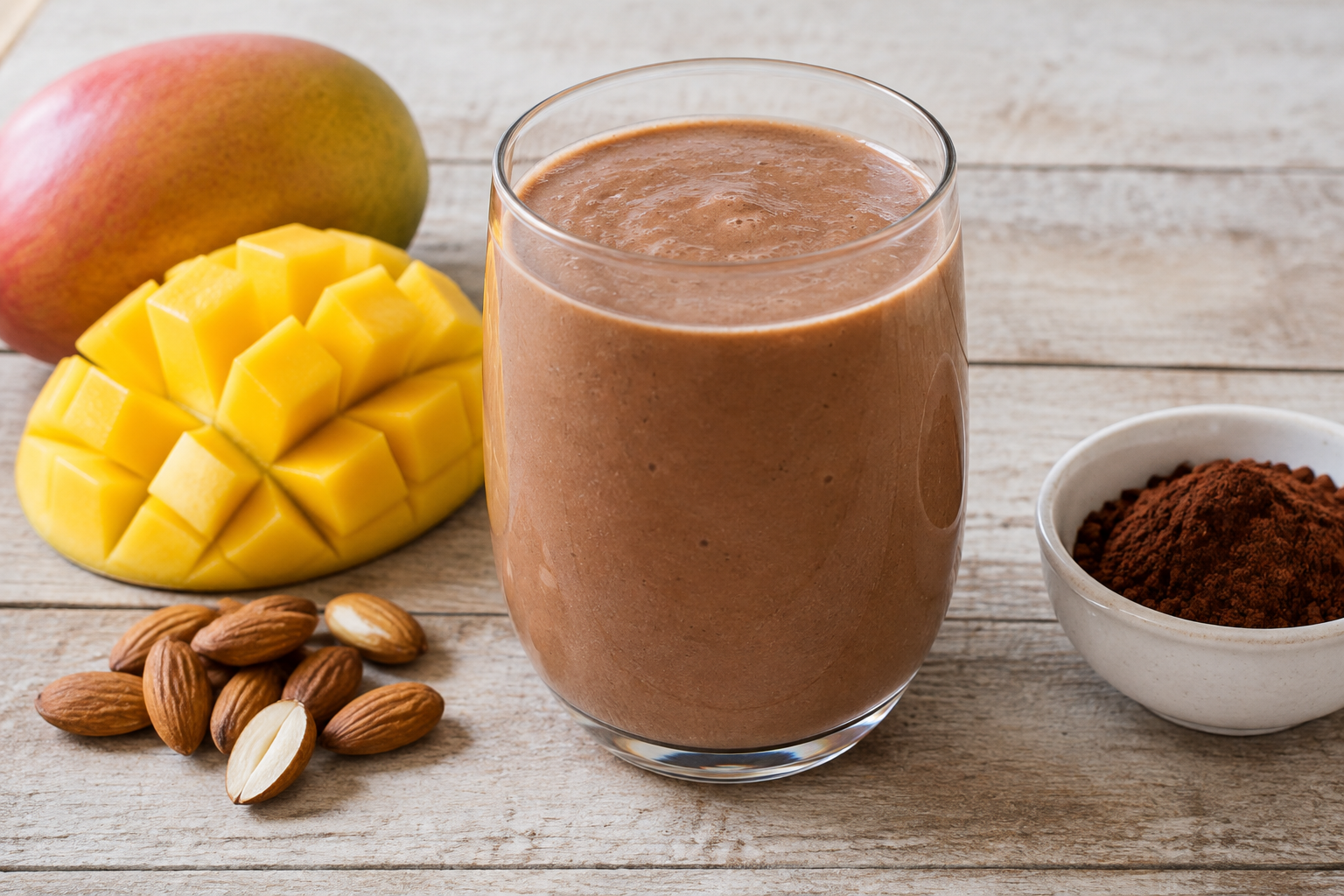 Vitamina cremosa com manga e amêndoas com cacau em pó sem açúcar