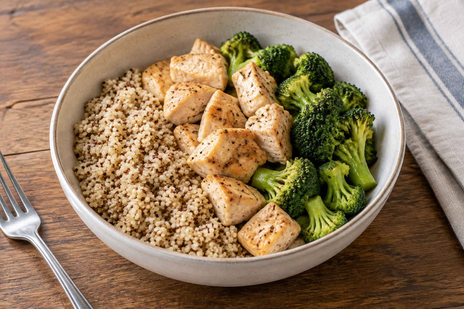 Bowl morno com peito de frango e brócolis · quinoa