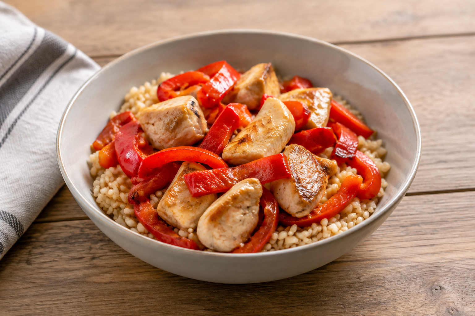 Bowl morno com peito de frango e pimentão vermelho · arroz integral