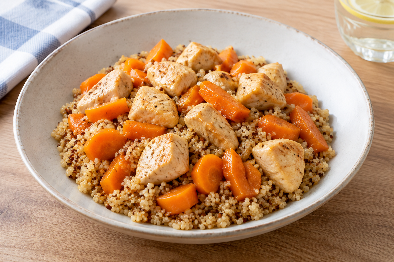 Quinoa quente com peito de frango e cenoura
