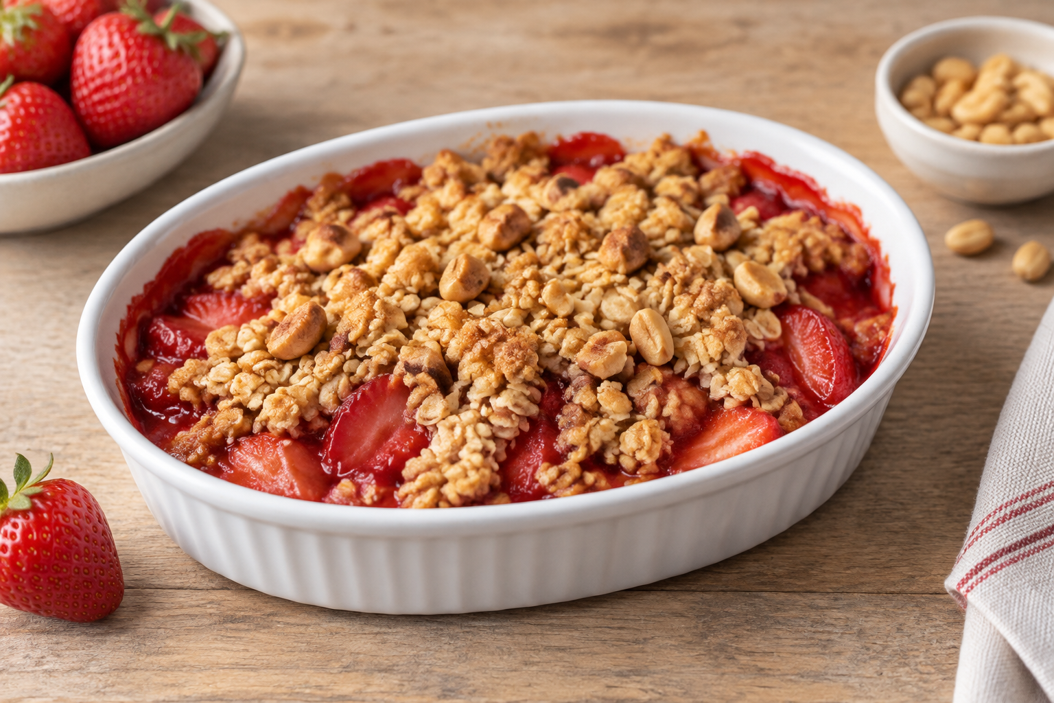 Crumble de aveia com morango e amendoim
