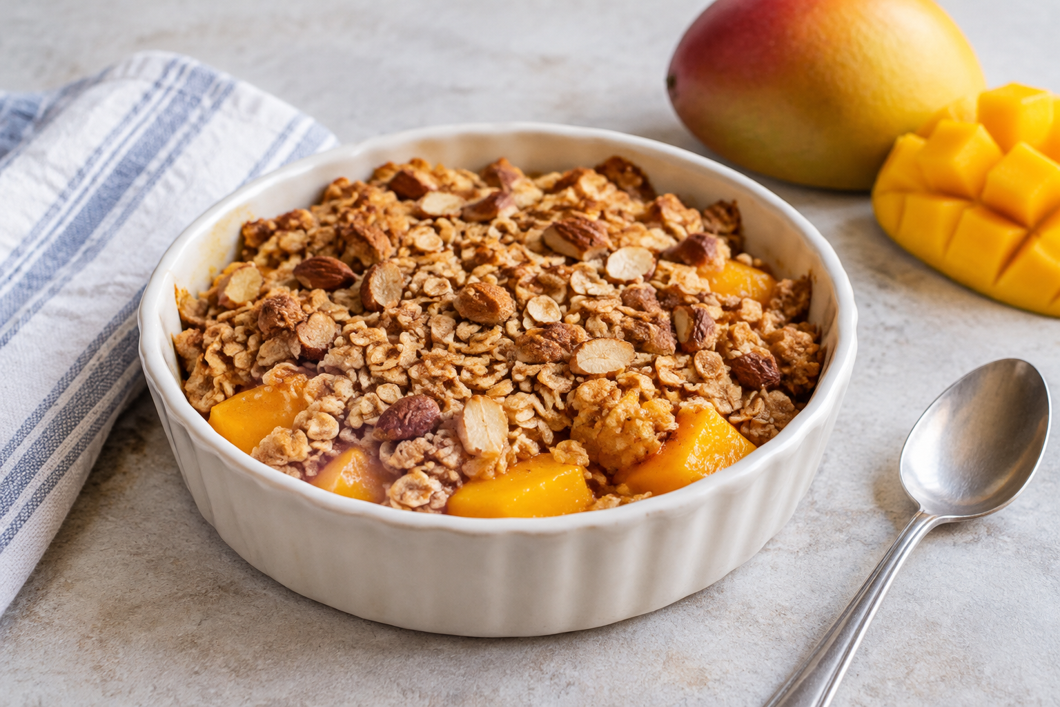 Crumble de aveia com manga e amêndoas