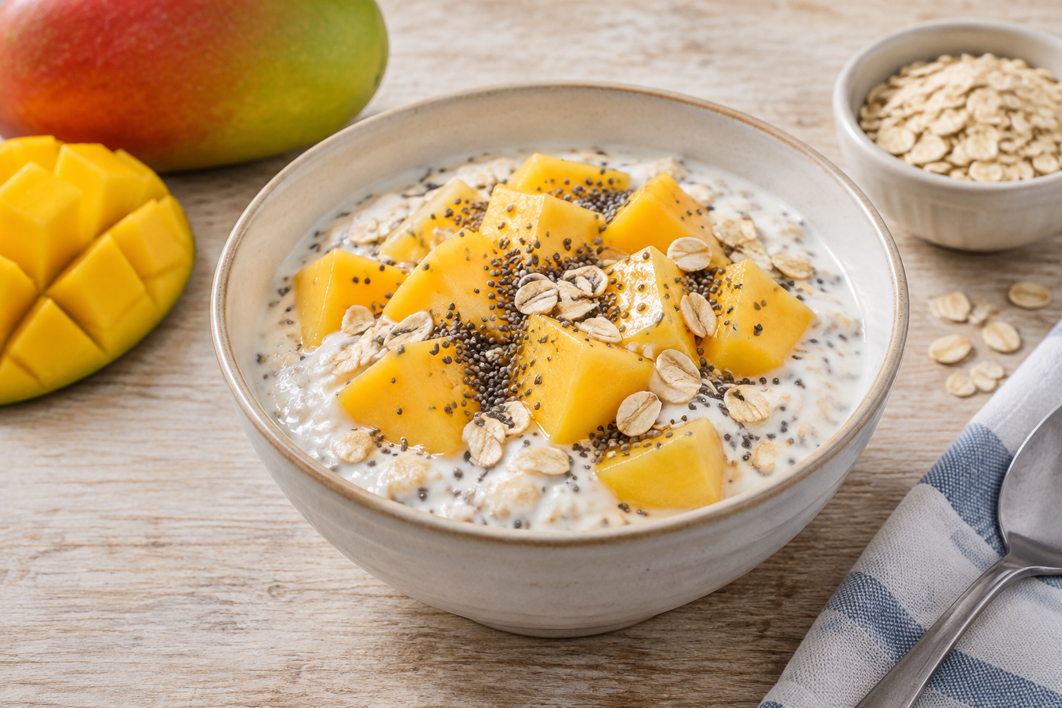 Iogurte com manga e chia com aveia em flocos