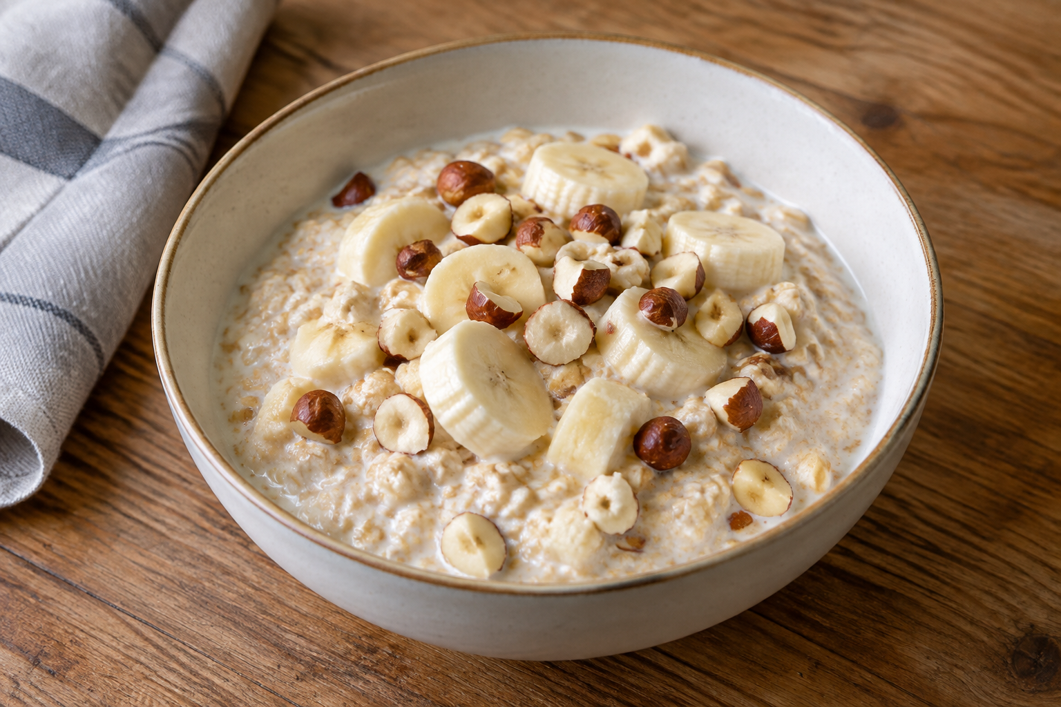 Aveia de geladeira com banana e avelãs · leite integral