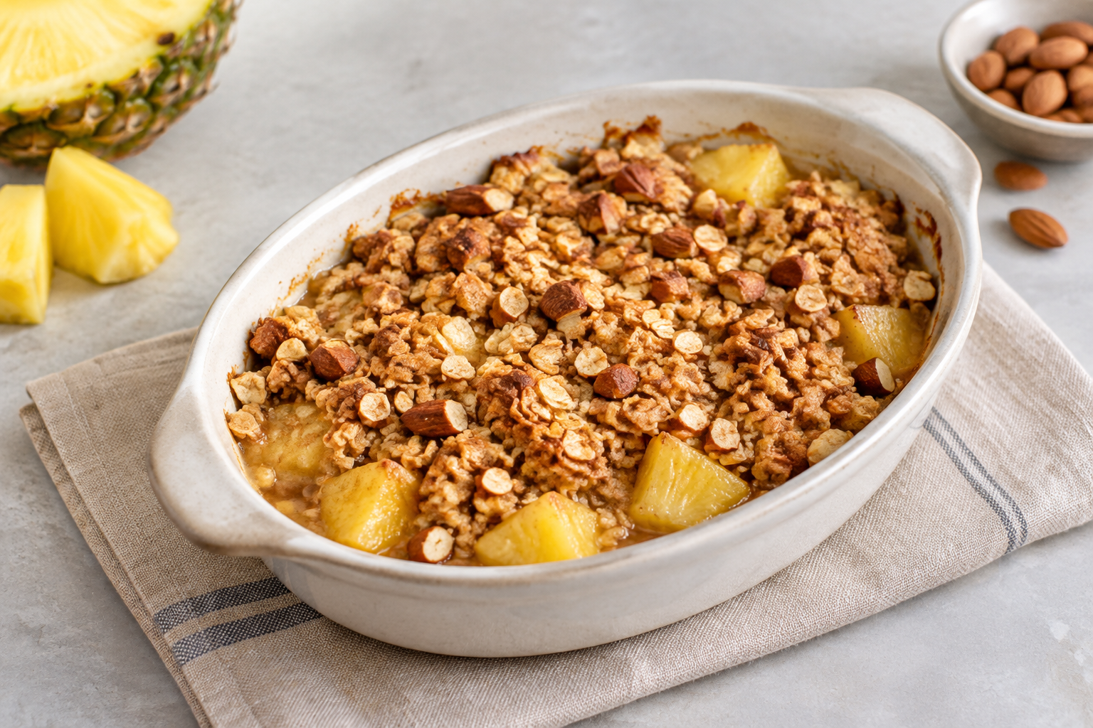 Crumble de aveia com abacaxi e amêndoas