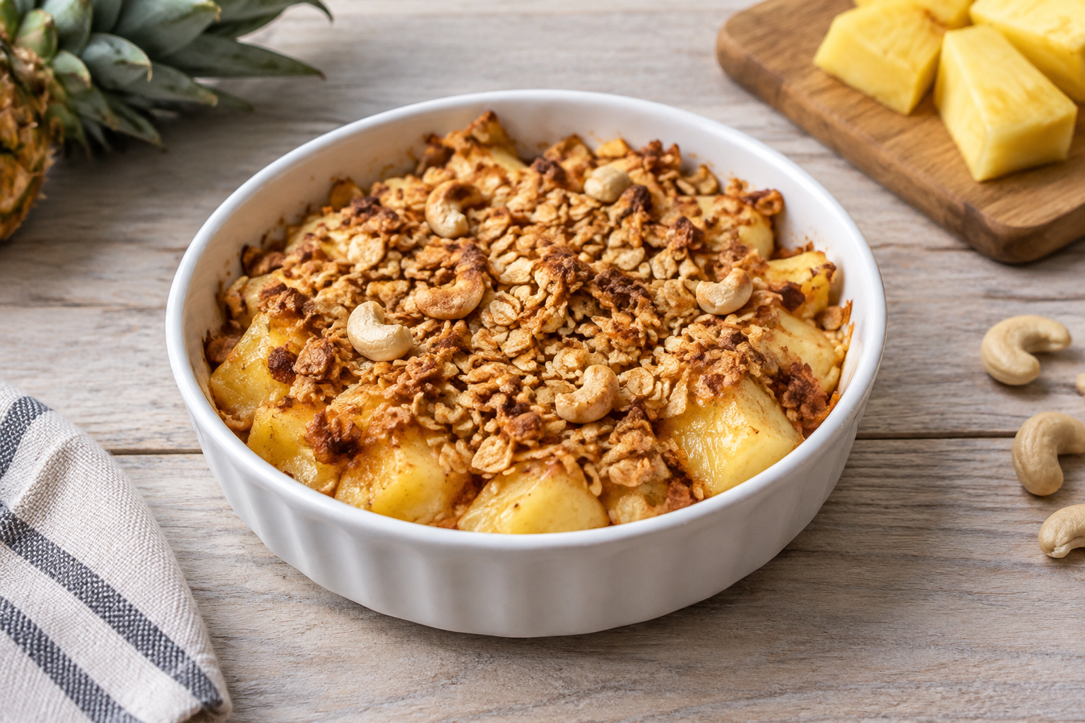 Crumble de aveia com abacaxi e castanha-de-caju