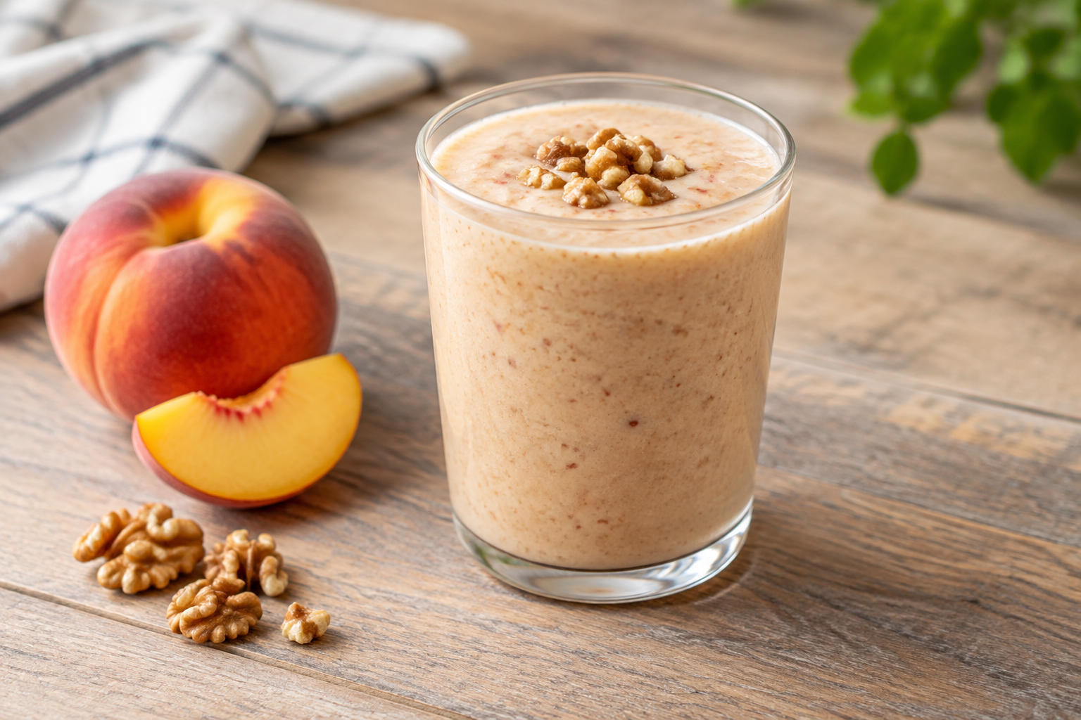 Vitamina cremosa com pêssego e nozes