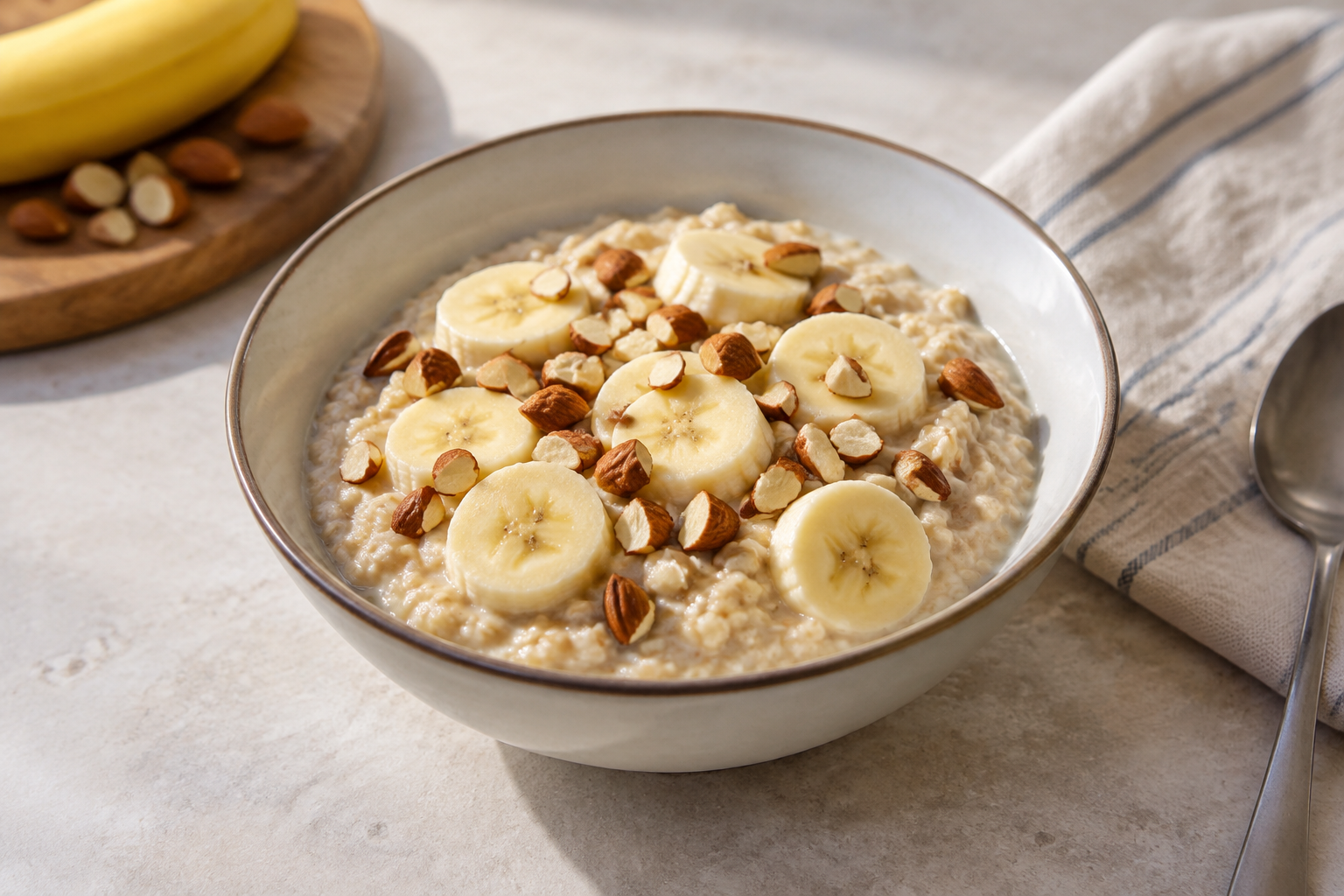 Aveia de geladeira com banana e amêndoas · bebida de amêndoas sem açúcar