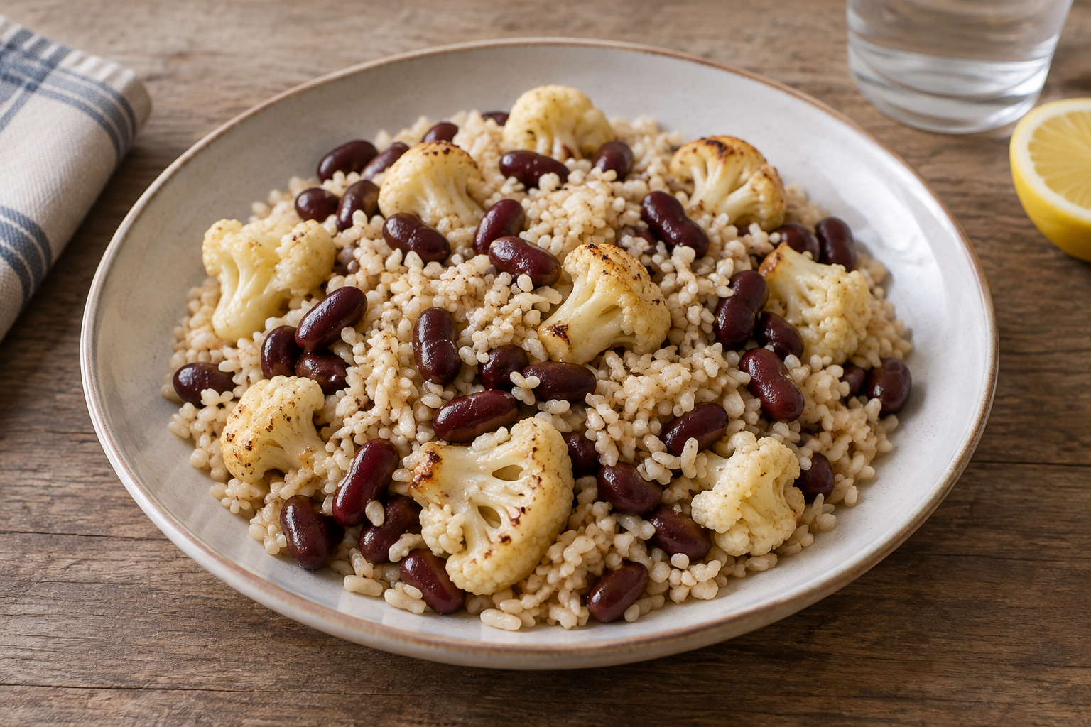 Arroz integral com feijão vermelho cozido e couve-flor
