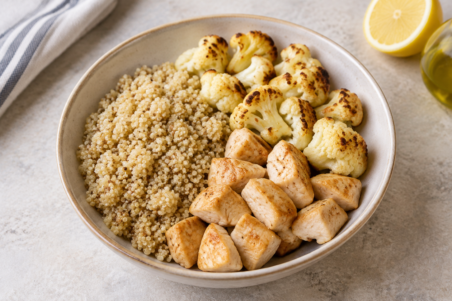 Bowl morno com peito de frango e couve-flor · quinoa